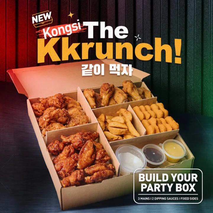 Kongsi The Kkrunch — build your own KyoChon party box with 3 mains, 2 dipping sauces and fixed sides